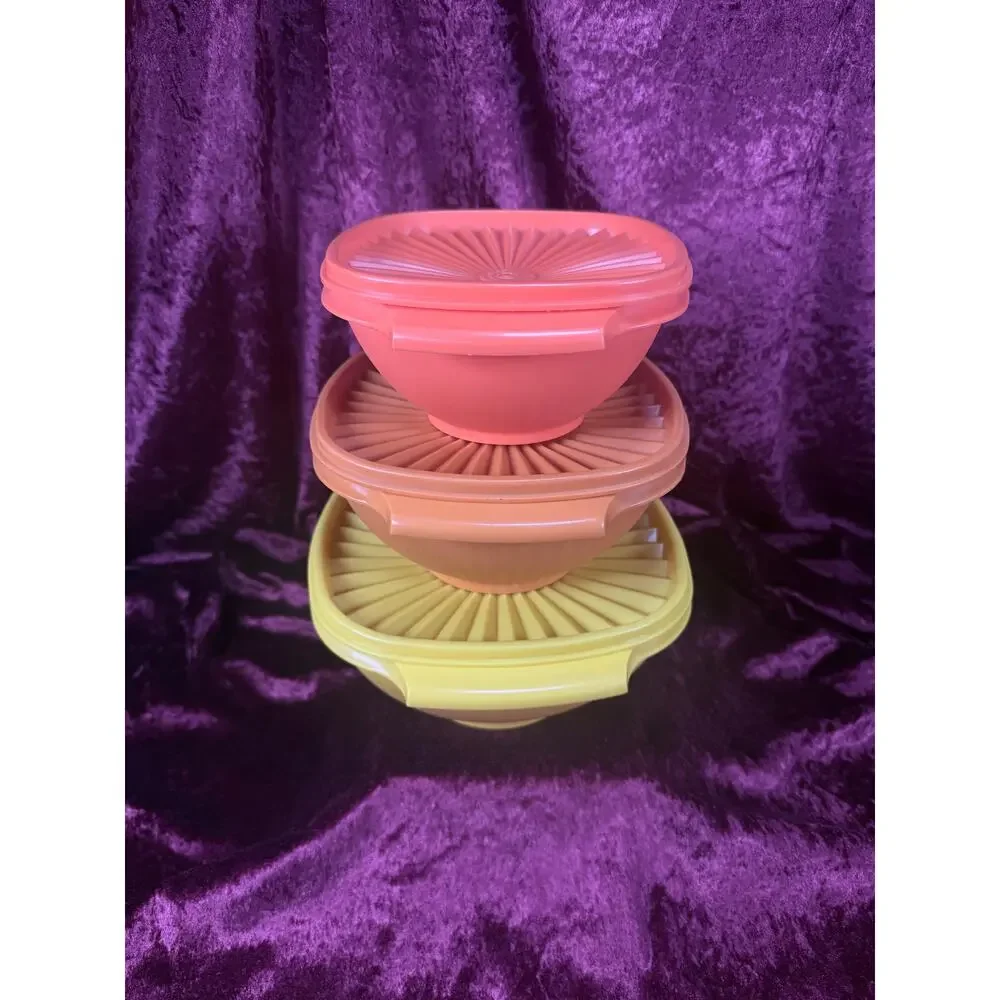 Vintage Tupperware Plastic Servalier Bowl Set – Harvest Colors Sunburst Lids